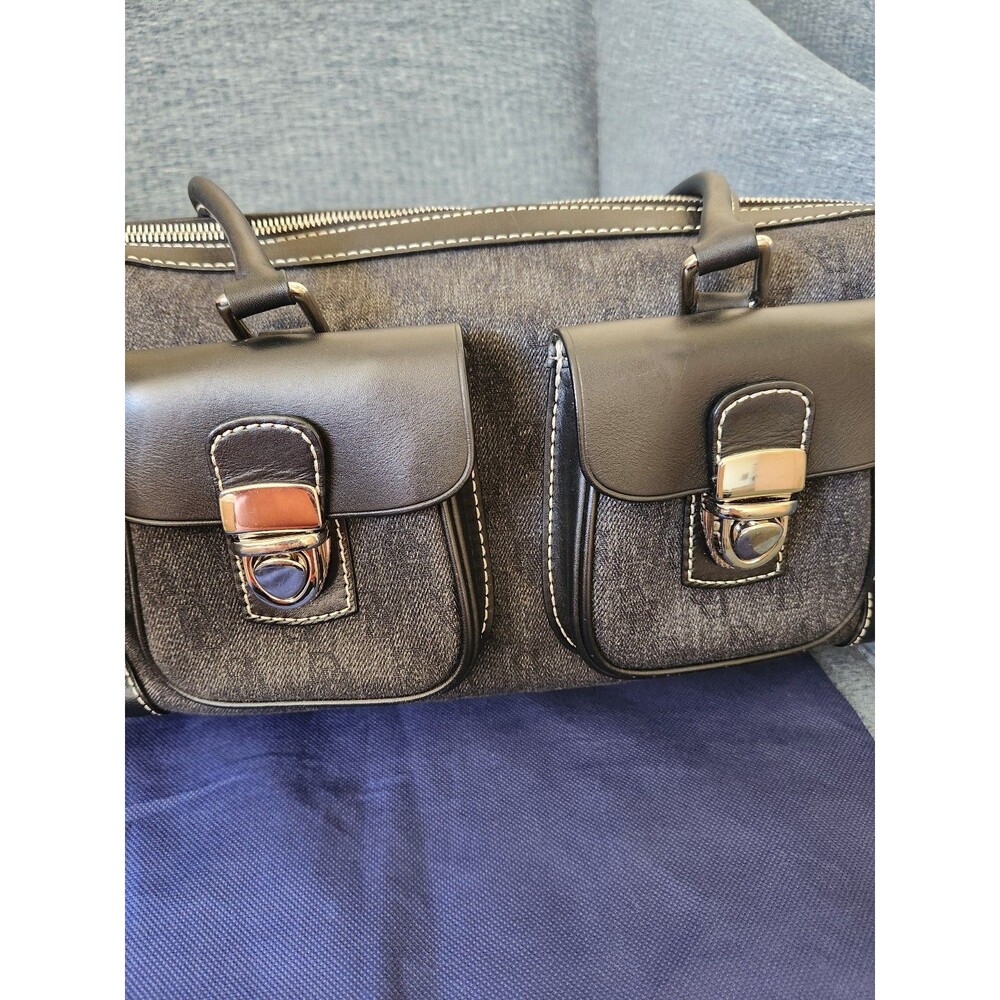 Dooney & Bourke Gray Denim Signature Double Pocket Satchel w/ Leather Trim